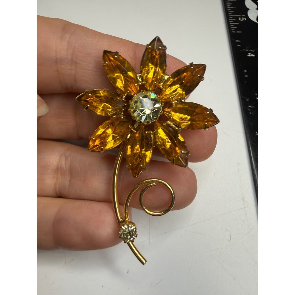 Vintage Amber Rhinestone Flower Brooch Gold Tone Marquise Crystal Floral Pin